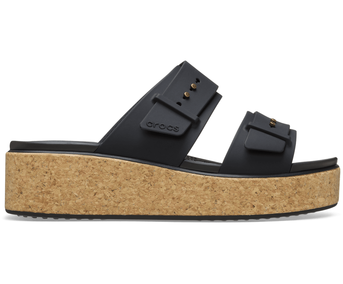 Crocs Women's Brooklyn Buckle Low Wedge Cork Sandal - Black