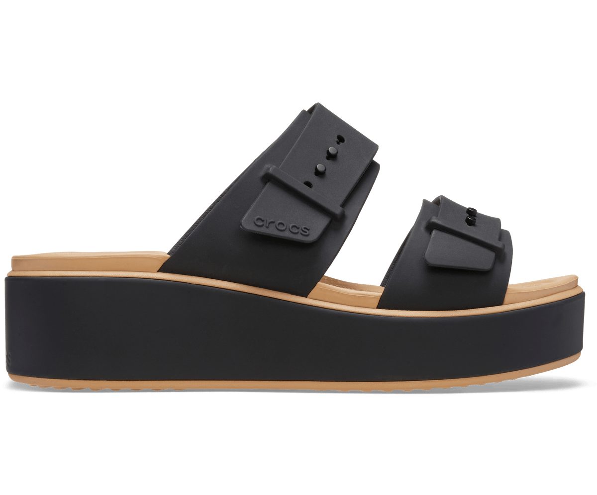 Crocs Women's Brooklyn Buckle Low Wedge Matte Wrap Sandal - Black/Cashew