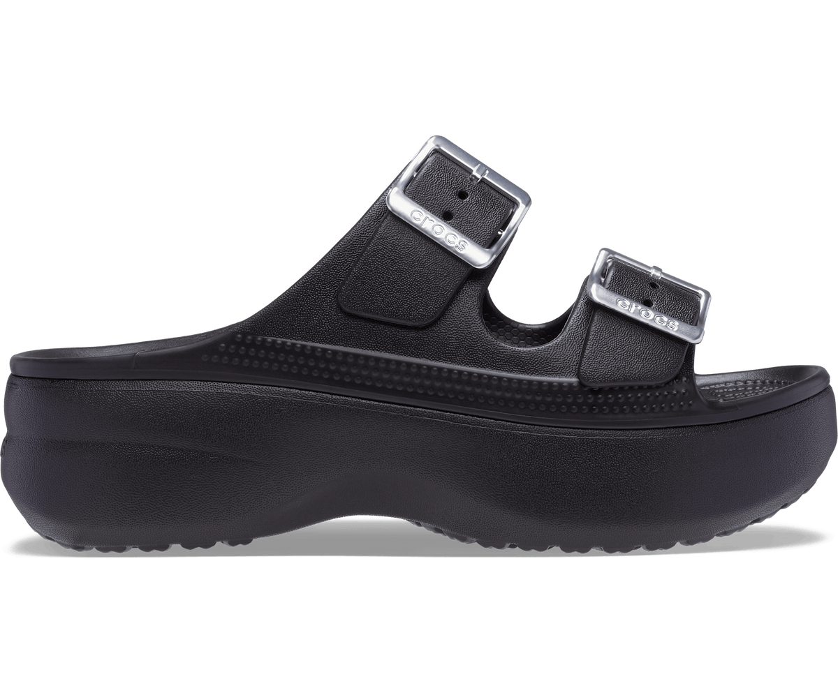 Crocs Women's Saturday Platform Metallic Buckle Sandal - Black / Silver