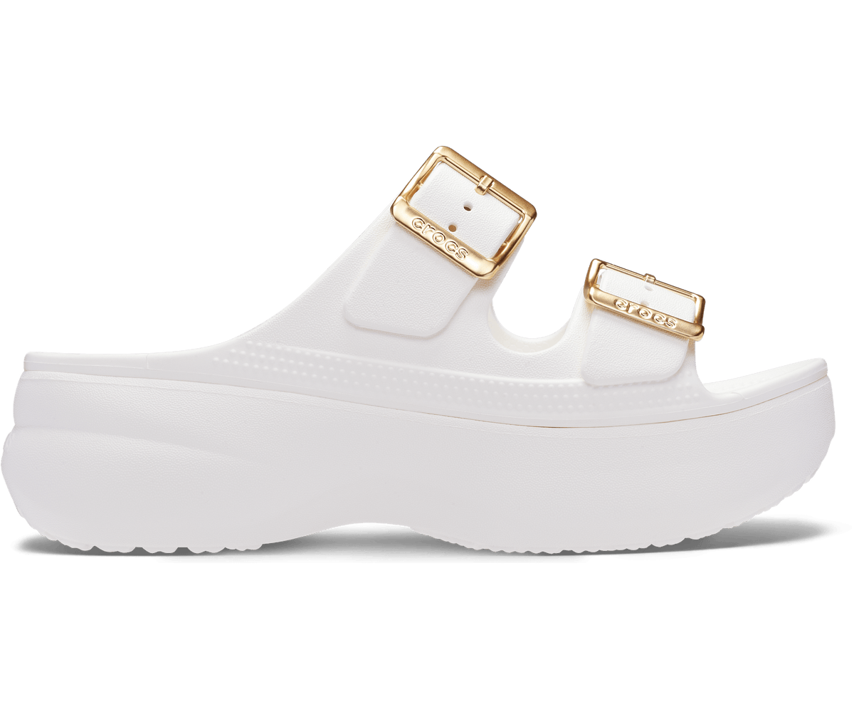 Crocs Women's Saturday Platform Metallic Buckle Sandal - White / Gold